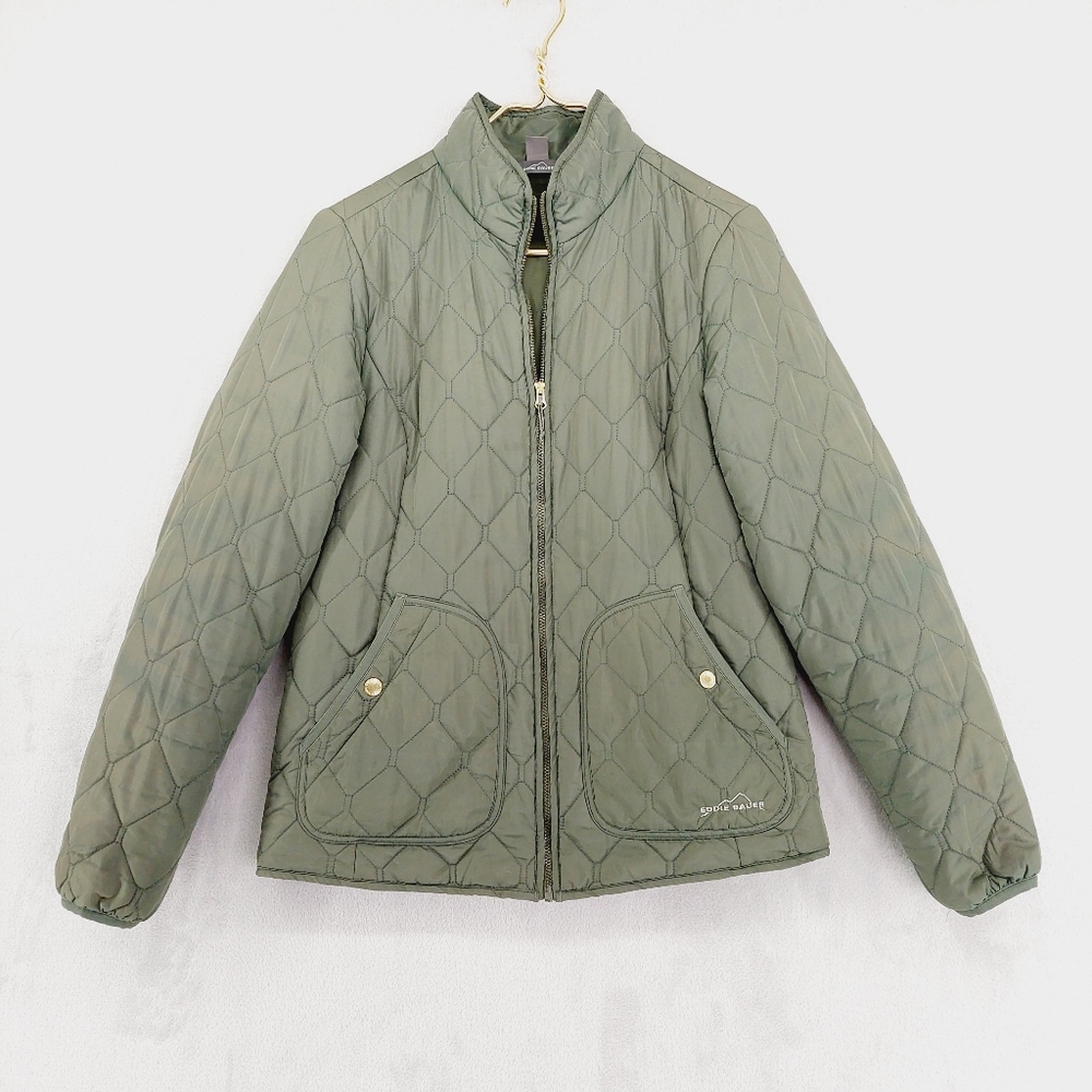 Eddie Bauer Women's Quilted Olive Green Zip Up Casual Jacket P4451